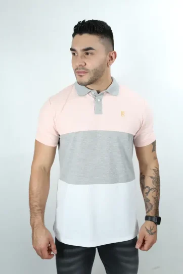 camisetas tipo polo para hombre Combinada Palo Rosa-  Jaspe- Blanco 040C