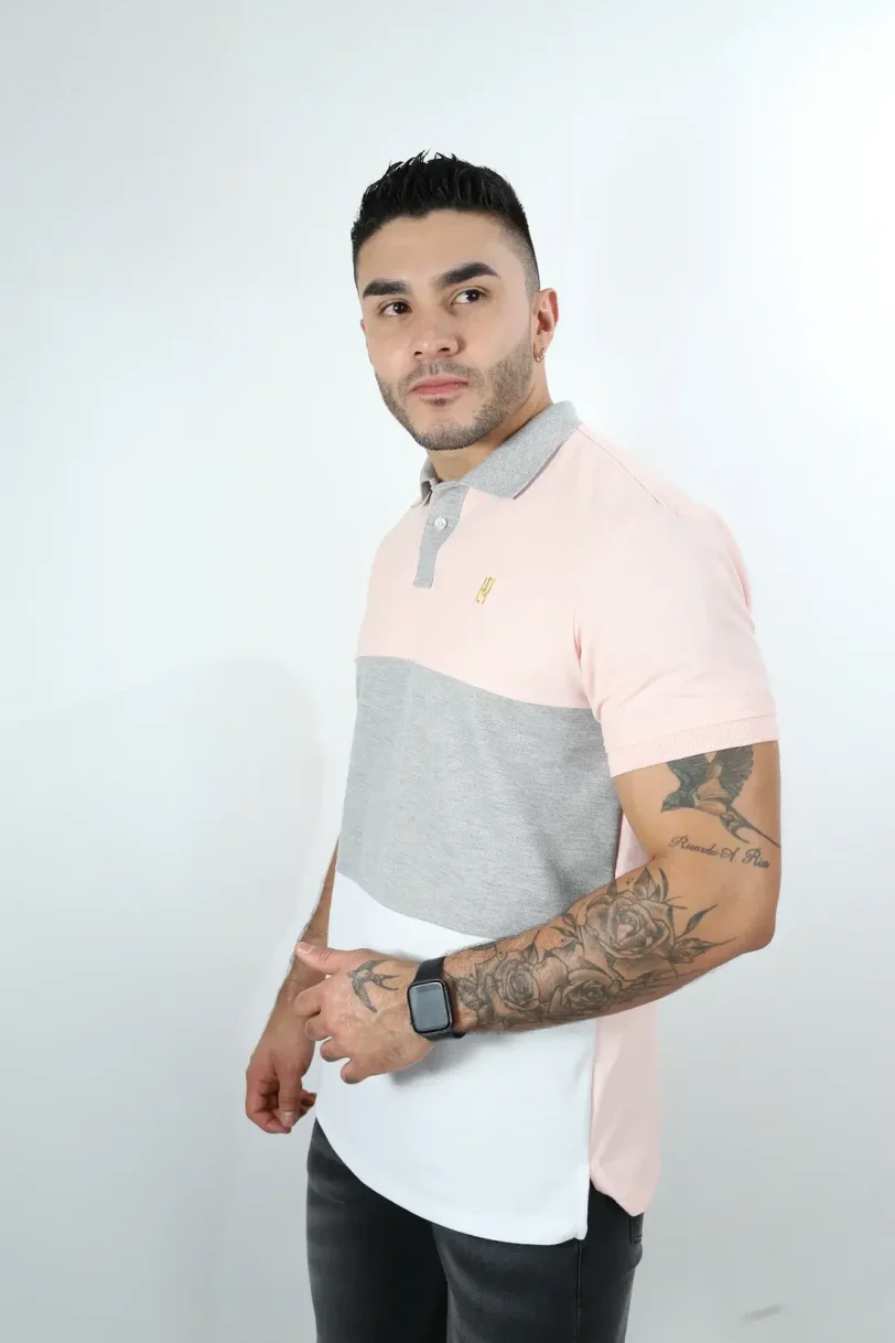 camisetas tipo polo para hombre Combinada Palo Rosa-  Jaspe- Blanco 040C - Image 3