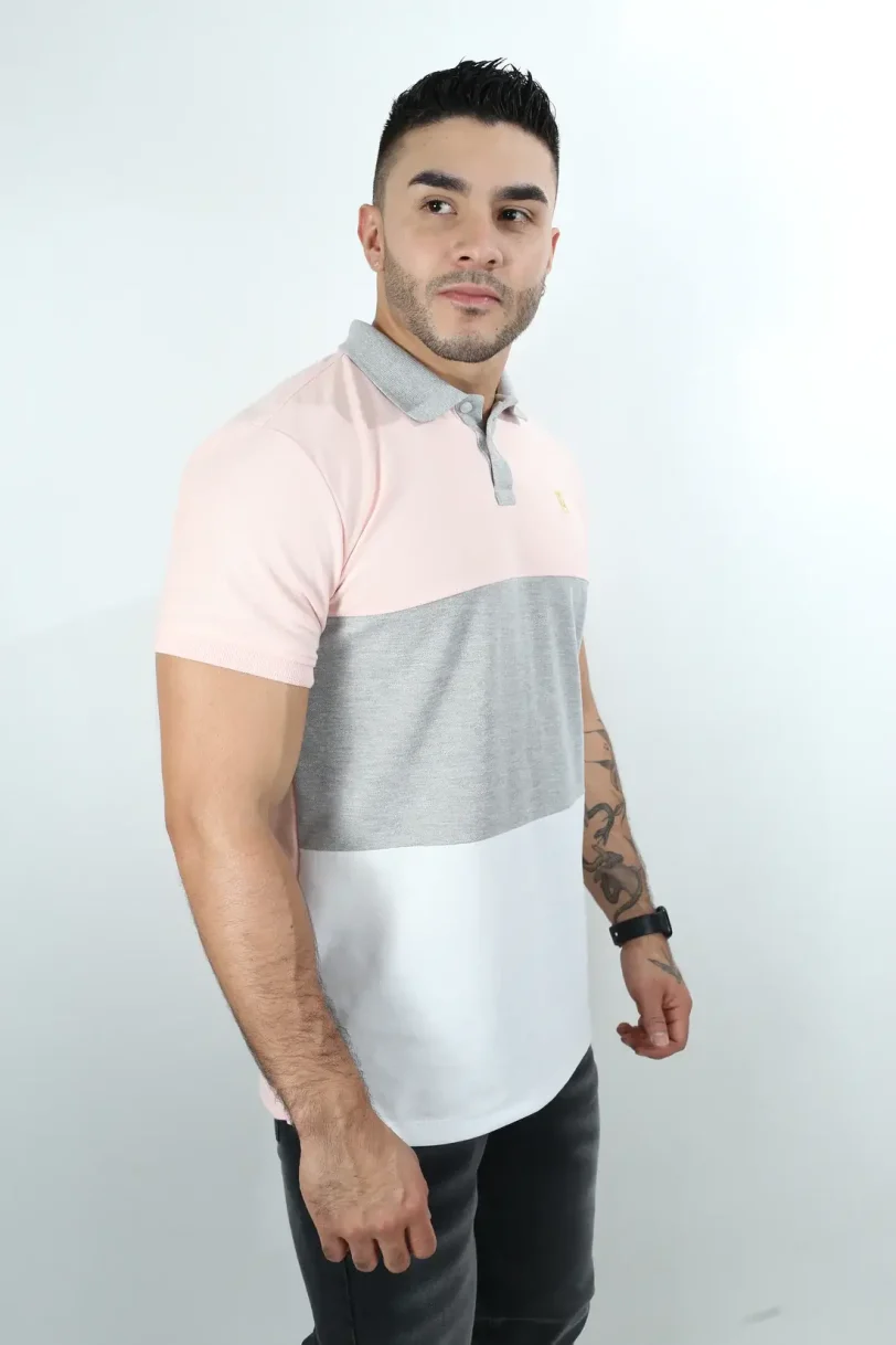camisetas tipo polo para hombre Combinada Palo Rosa-  Jaspe- Blanco 040C - Image 4