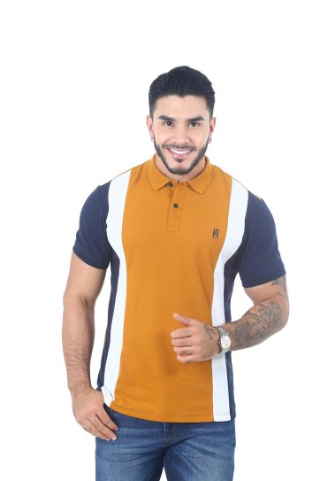camisetas tipo polo combinada Ocre/Blanco/Azul oscuro 058c