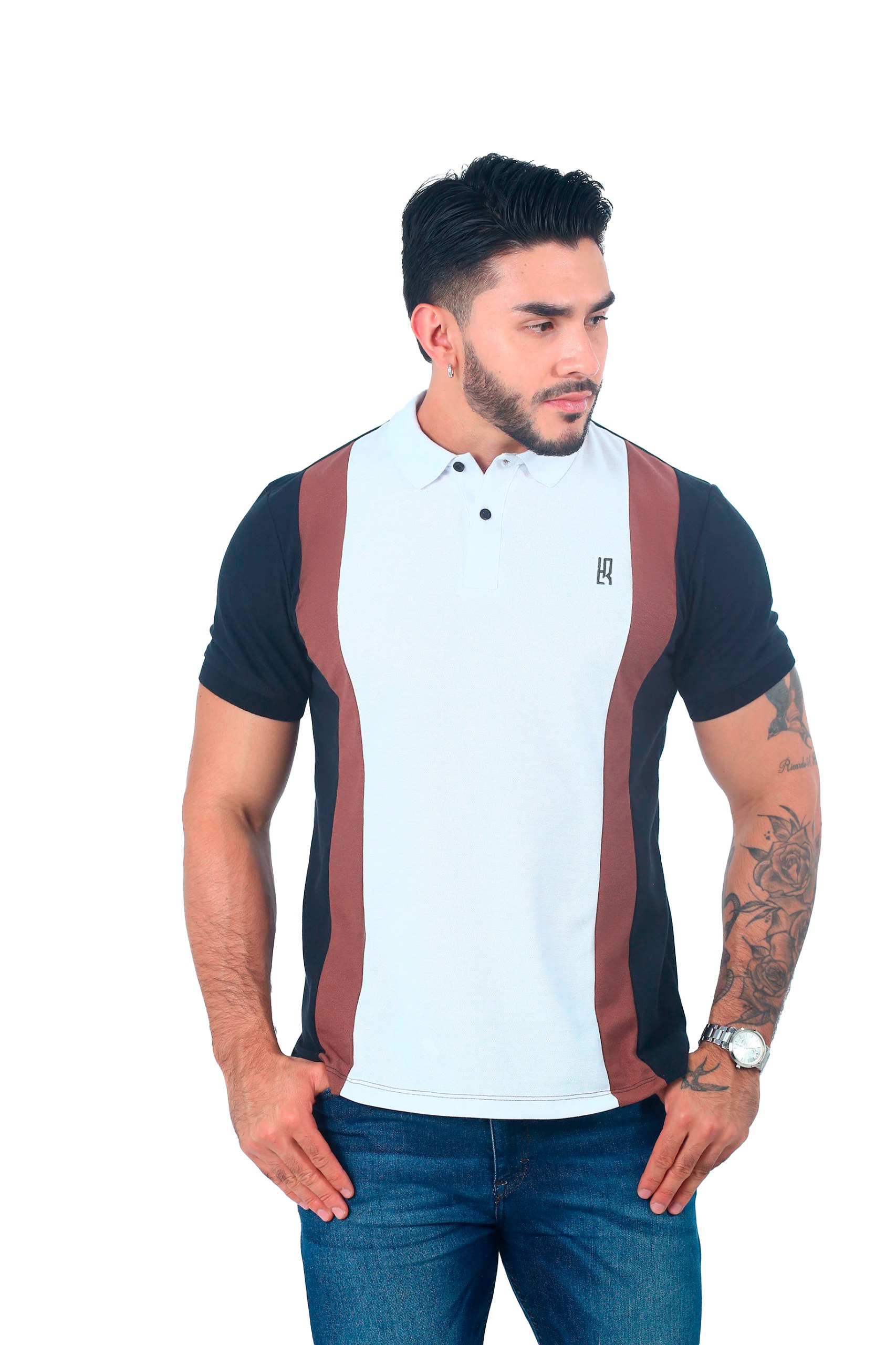 camisetas tipo polo combinada Negro/Blanco/Café 058F