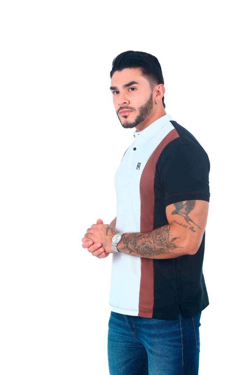 camisetas tipo polo combinada Negro/Blanco/Café 058F - Image 2