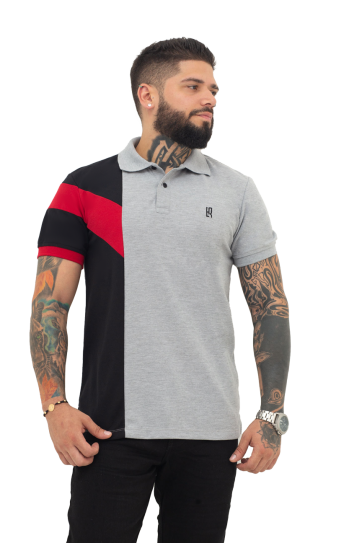 camiseta tipo polo gris/negro/rojo 068C
