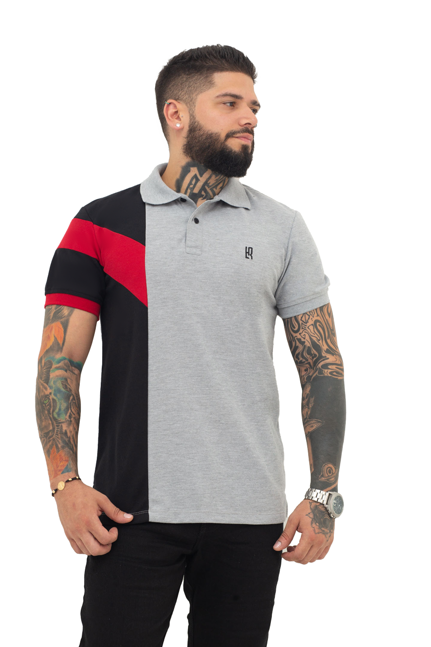 camiseta tipo polo gris/negro/rojo 068C