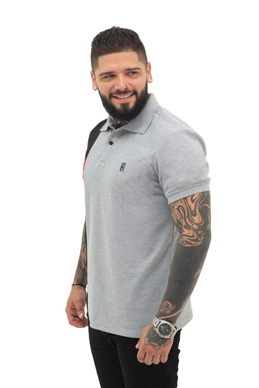 camiseta tipo polo gris/negro/rojo 068C - Image 2