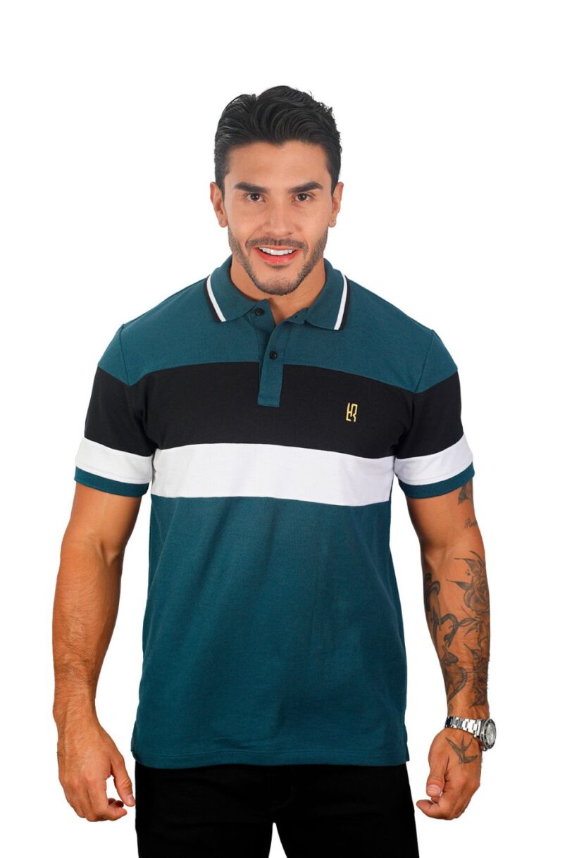 camiseta tipo polo petroleo/negro/blanco 074c - Image 3