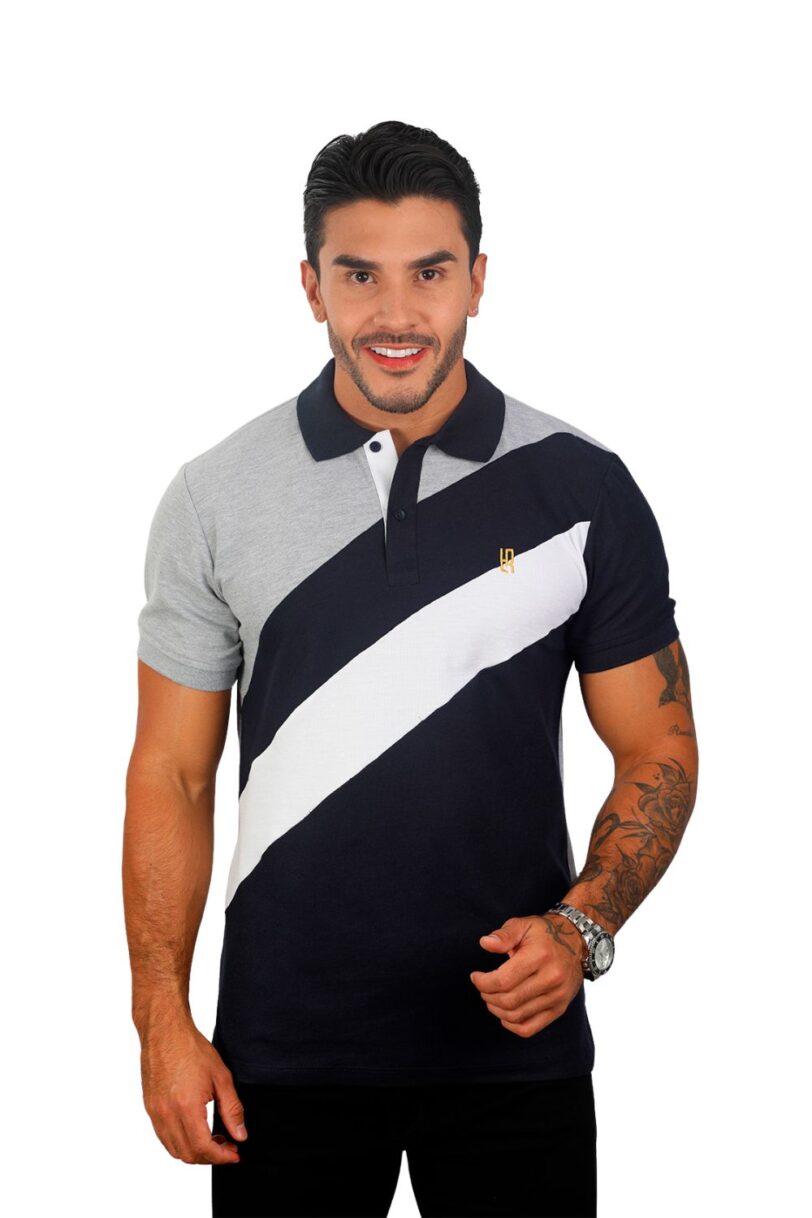 camiseta tipo polo jaspe/azul osc/blanco 078c