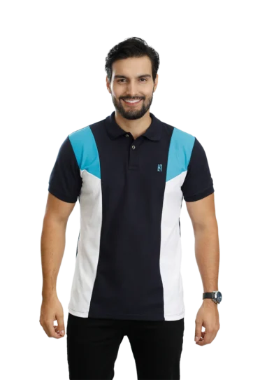 Camiseta tipo polo azul oscuro turquesa blanco 084E
