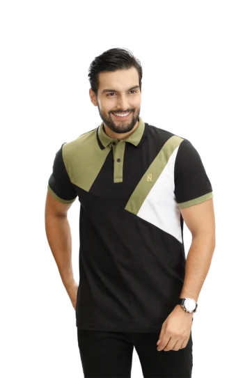 Camiseta tipo polo negro verde aceituna blanco 087B